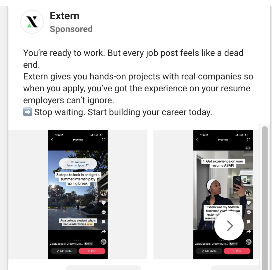 Facebook ad displaying TikTok UI elements within the video creative