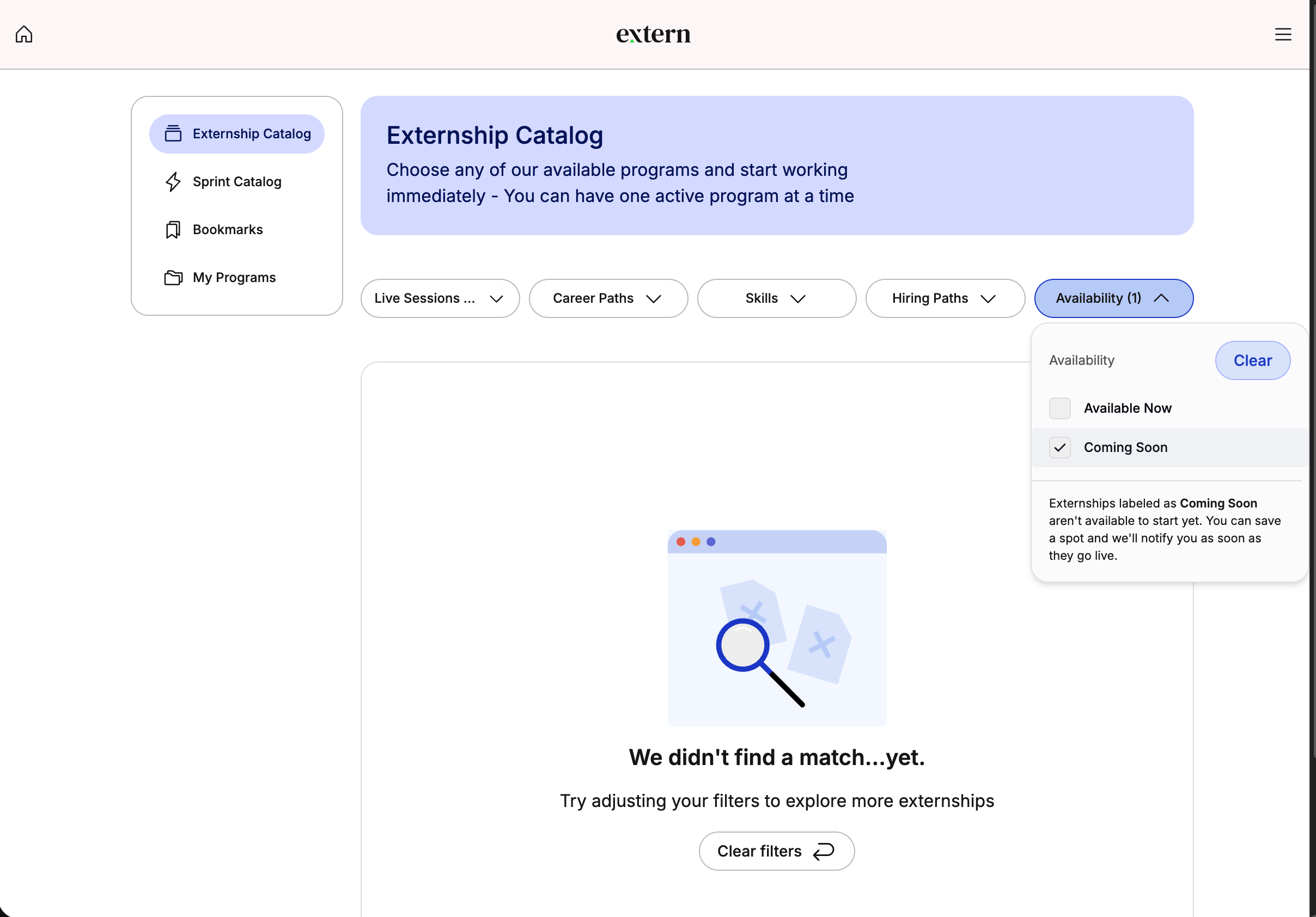 Externship catalog filtered by Coming Soon showing zero results