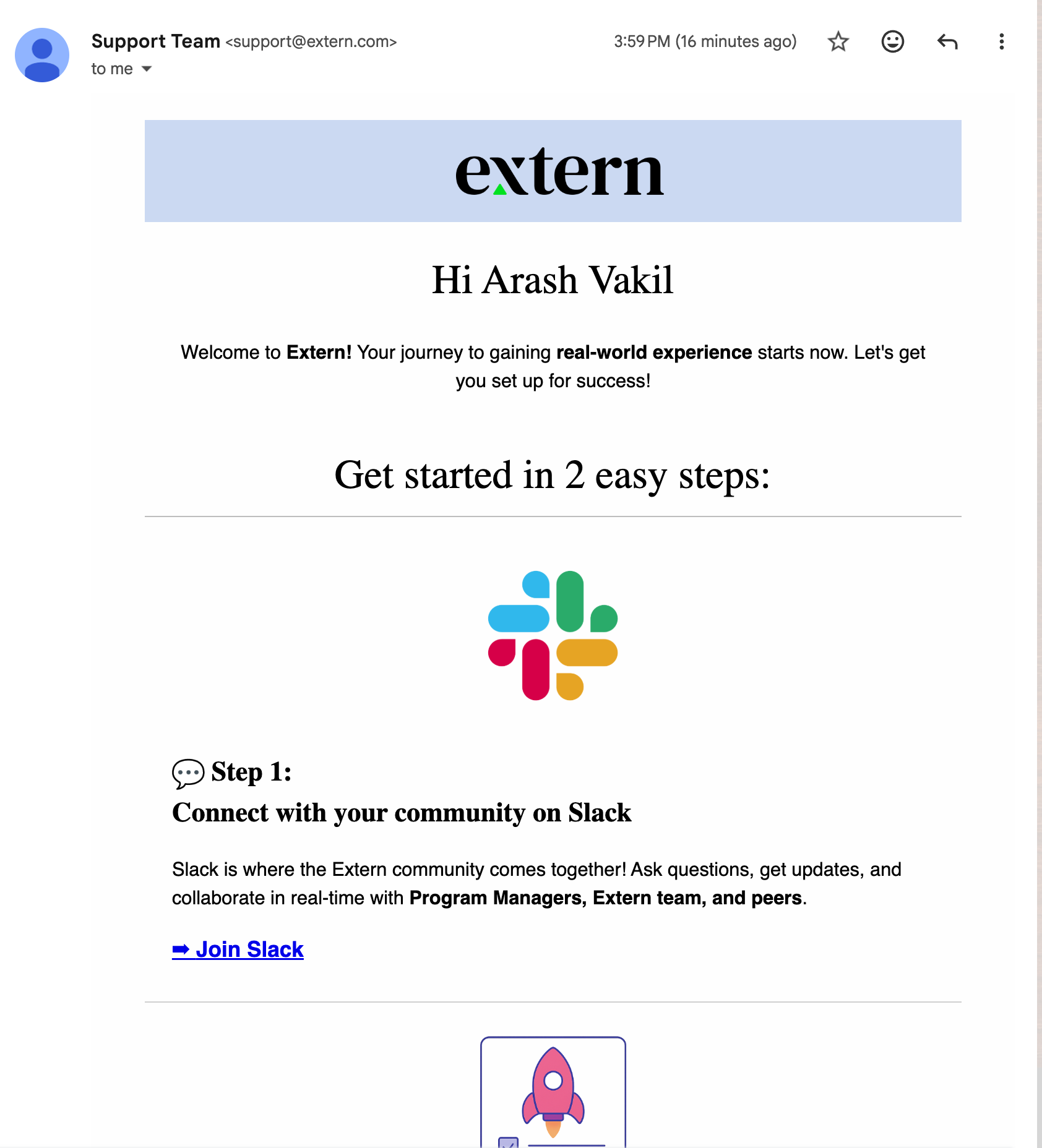 Welcome to Extern email with Join Slack as Step 1